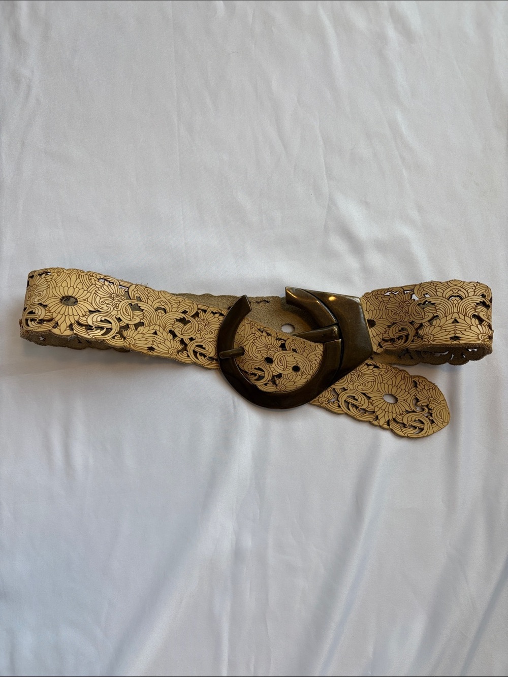 Suzi Roher Cream Floral Cutout Leather Belt with Bronze Buckle